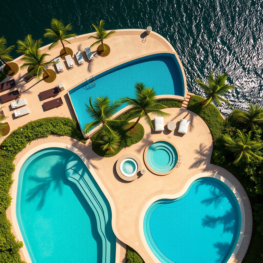 A stunning aerial view of a luxurious skypool, jacuzzi, and wading pool, beautifully arranged in a modern resort setting