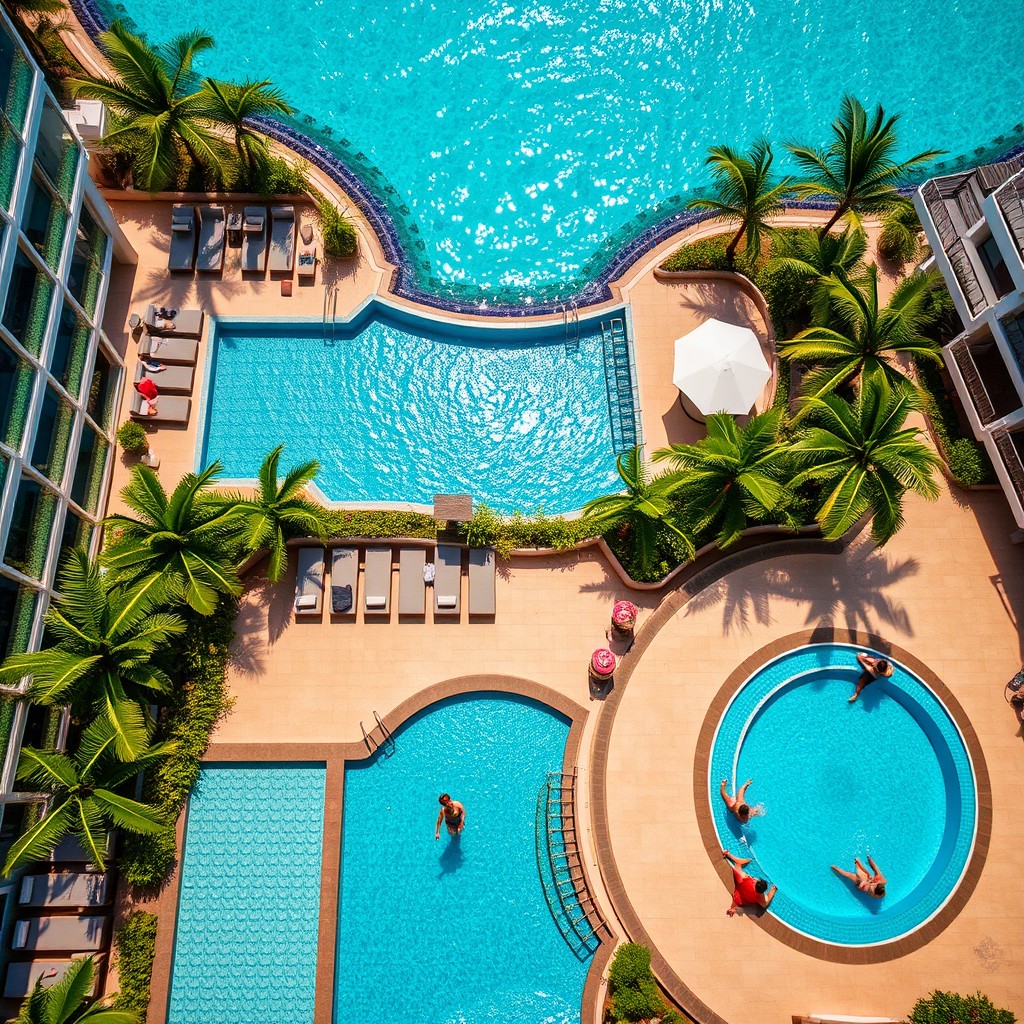 A stunning aerial view of a luxurious resort featuring a vibrant sky pool, relaxing jacuzzi, and a shallow wading pool