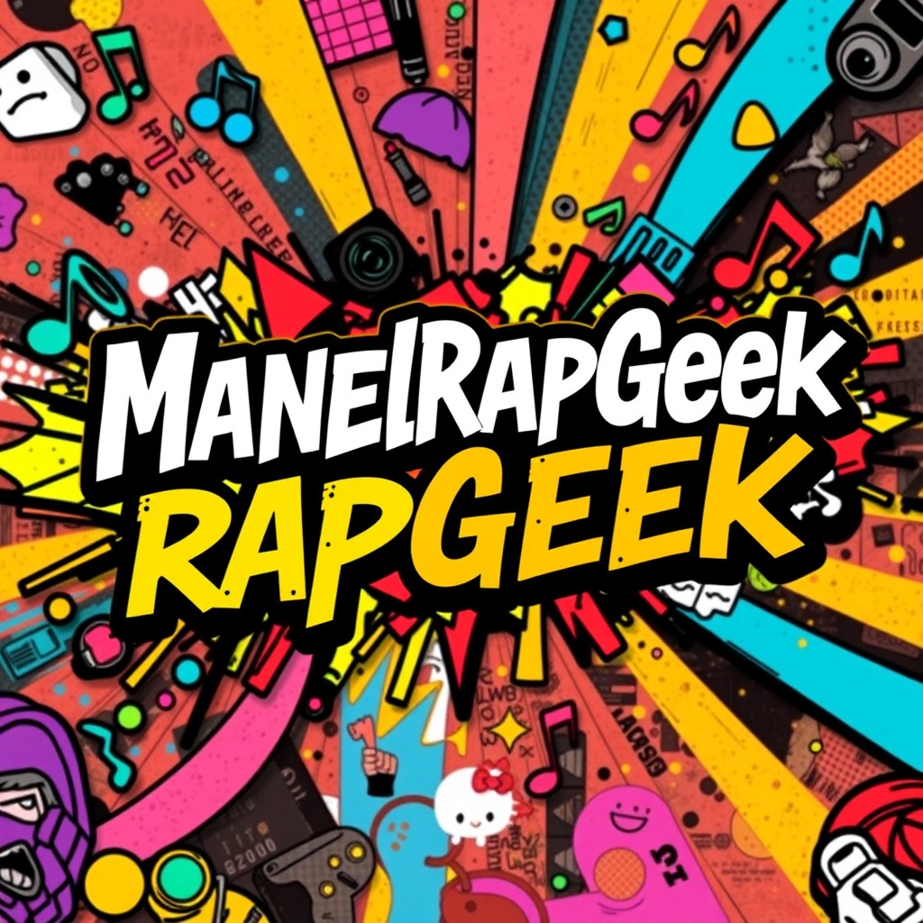 Create a vibrant YouTube banner for the channel 'ManelRapGeek' with a size of 1536 pixels in width and 333 pixels in height
