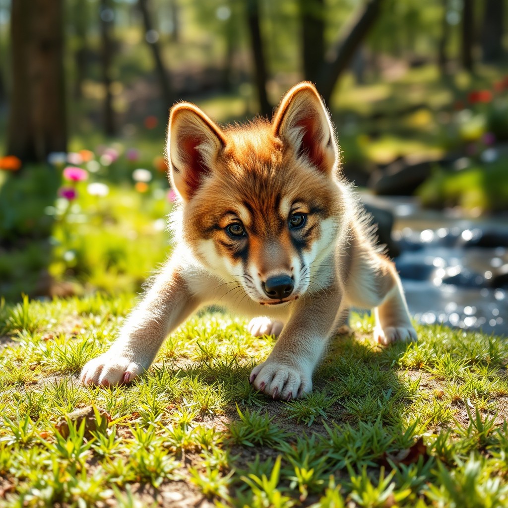 A cute little wolf cub exercising in a playful manner, surrounded by a bright and vibrant forest setting