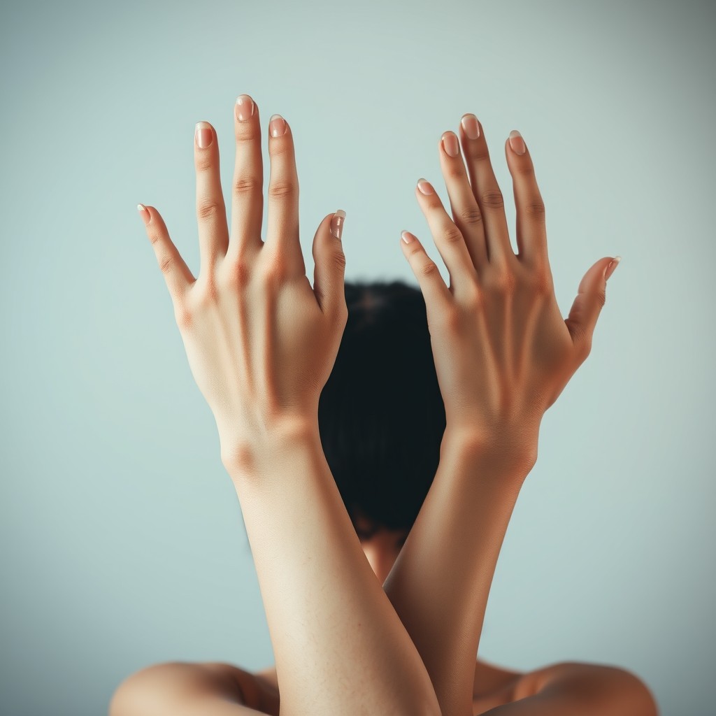 A striking image of a woman's hands gracefully raised above her head, elegantly crossed at the wrists