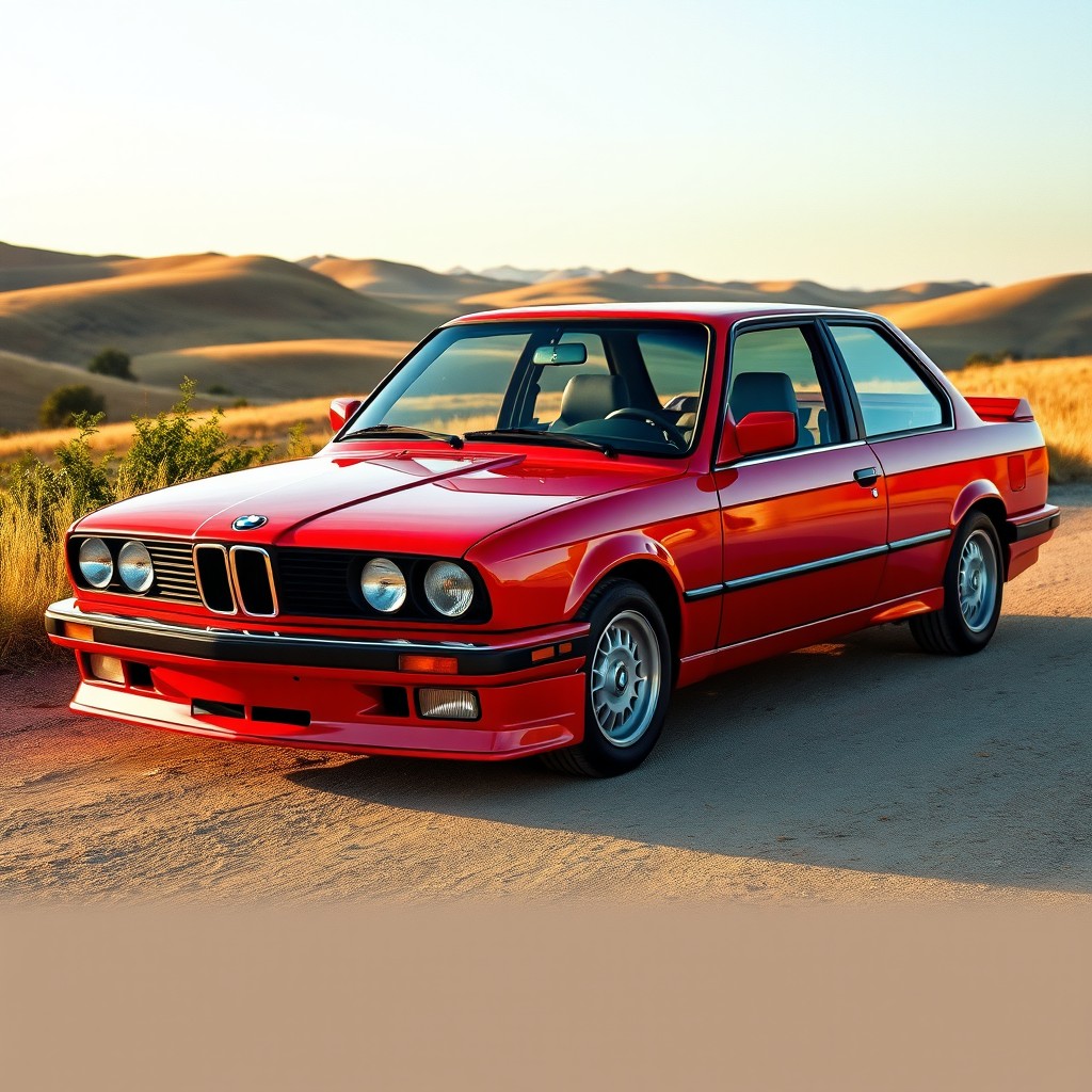 A stunning classic BMW E30 car painted in vibrant red, parked elegantly in a picturesque beige landscape