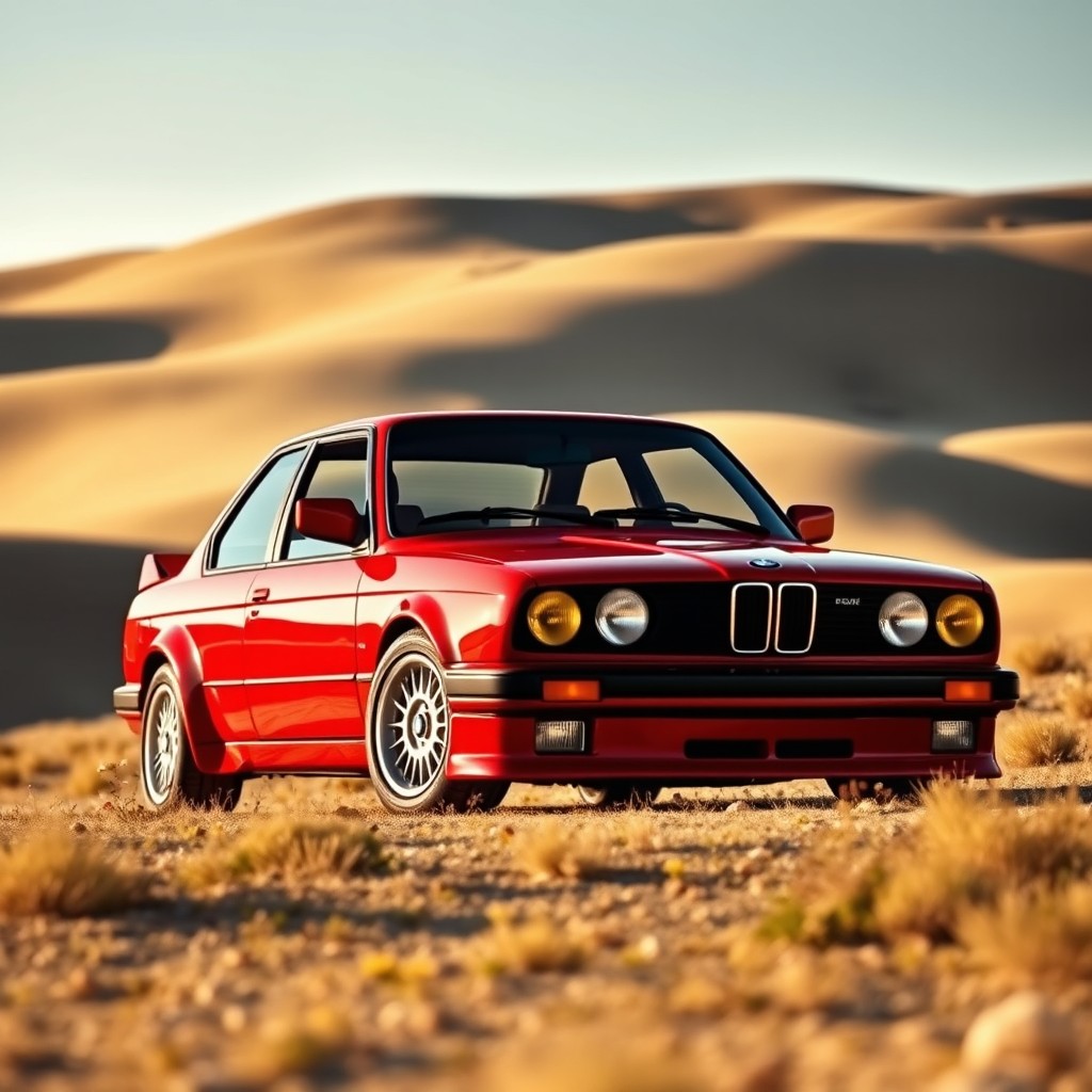 A stunning red BMW E30 car parked in a picturesque beige landscape, showcasing the car's sleek lines and vibrant color