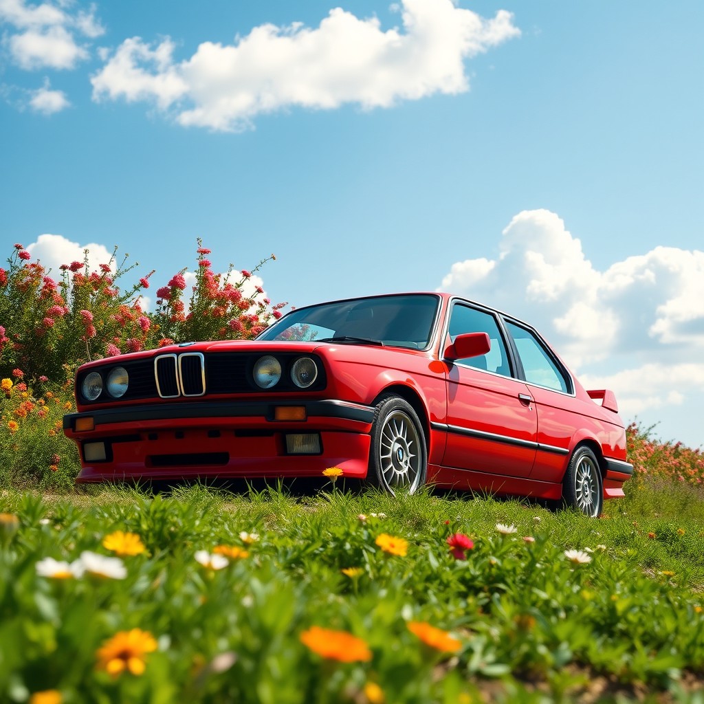 A stunning red BMW E30, parked majestically in a picturesque landscape