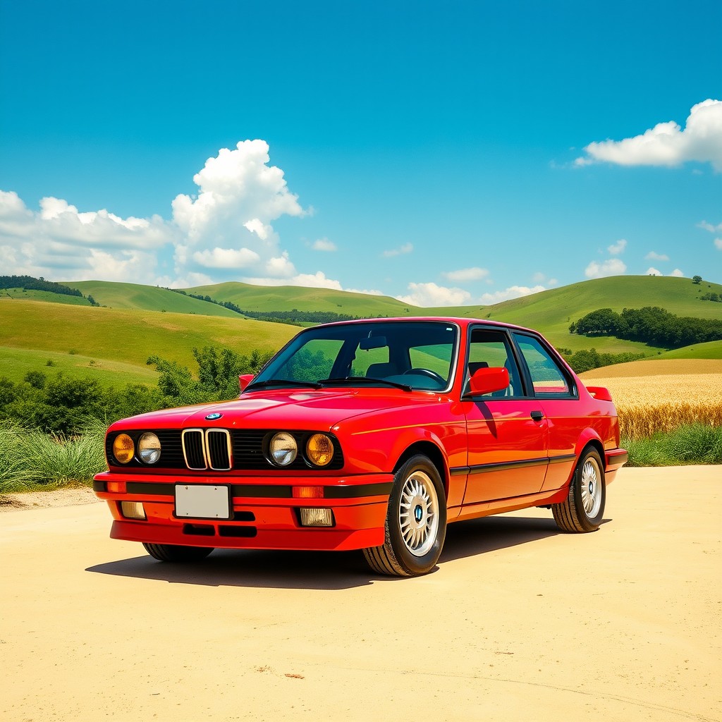 A classic BMW E30 painted in a vibrant red color, parked gracefully in a picturesque landscape