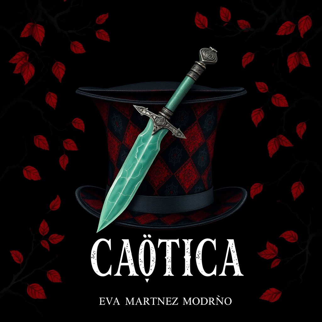 A book cover design for 'Caótica' by Eva Martínez Modroño, featuring a dark and elegant style inspired by 'De Sangre y Cenizas'