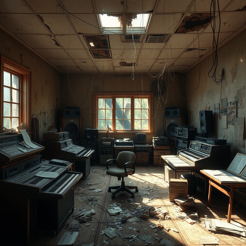 An atmospheric depiction of an abandoned recording studio control room