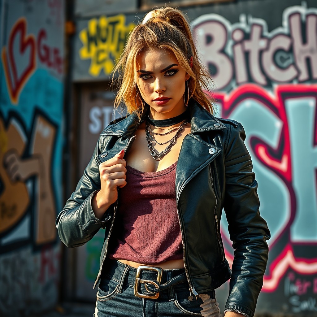 A creative interpretation of the word 'bitch', showcasing a fierce and confident woman exuding power and authority