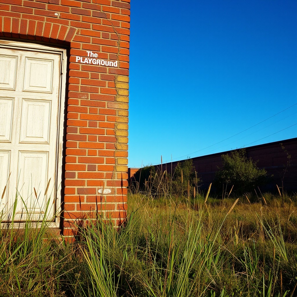An evocative scene of an old brick building with faded paint displaying the word "The Playground" on its side