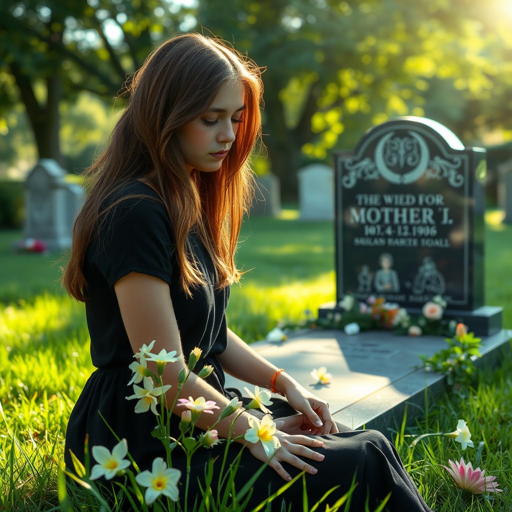 A young woman sitting in front of her mother's grave in a serene cemetery