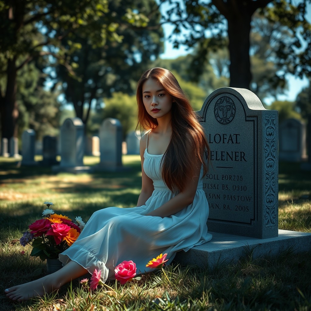 A young woman sitting quietly in front of a gravestone in a serene cemetery, her expression somber yet reflective