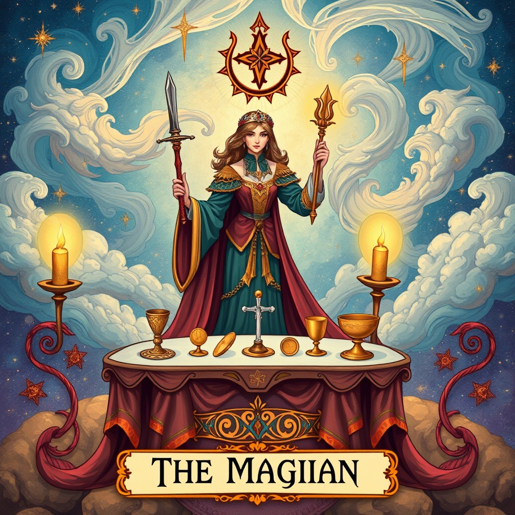 A beautifully illustrated tarot card design featuring mystical symbols, ornate decorations, and a captivating scene
