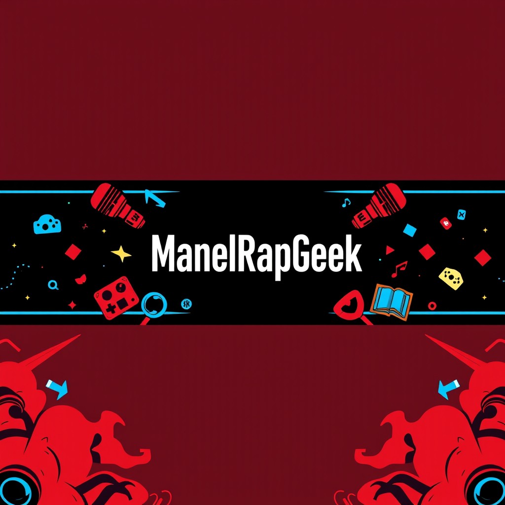 A visually captivating banner designed for the YouTube channel "ManelRapGeek" with dimensions of 1536 pixels in width and 333 pixels in height