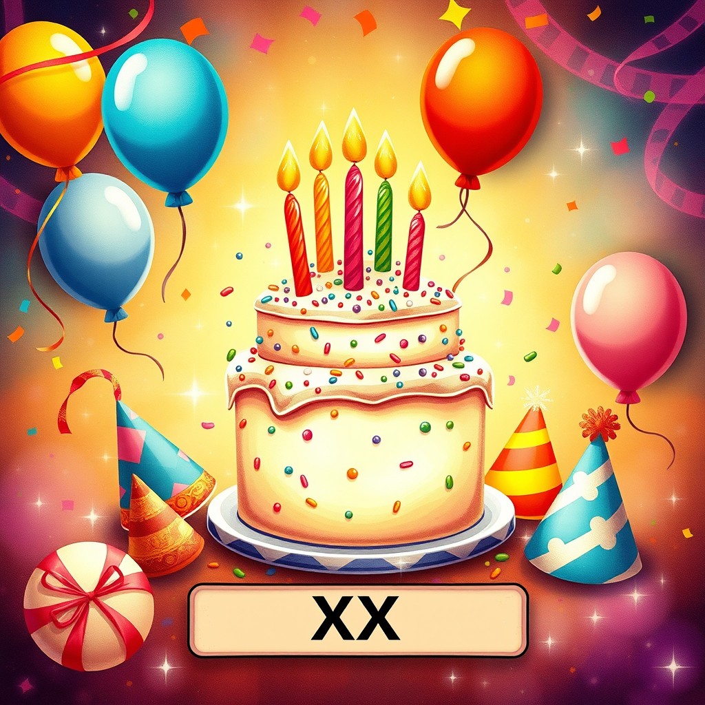 An enchanting tarot card design featuring the number XX, beautifully illustrated with a festive birthday theme