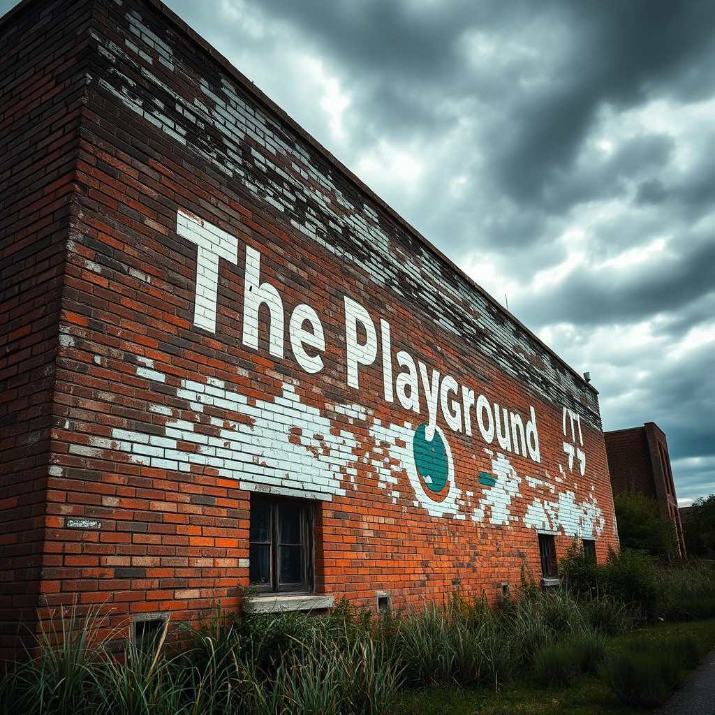 A compelling image of an old brick building with severely weathered paint displaying the word "The Playground" on its side