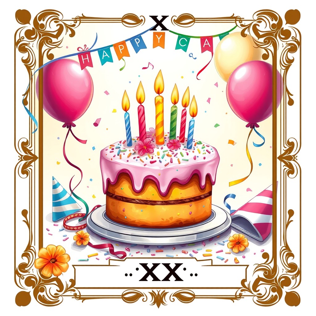 A beautifully designed tarot card inspired illustration featuring the number XX, incorporating a festive birthday theme