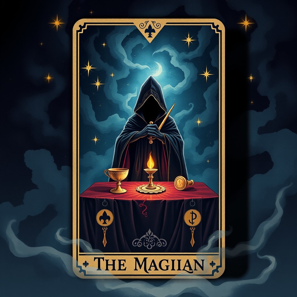 A beautifully illustrated tarot card design featuring mystical symbols and a captivating scene infused with elements of mystery
