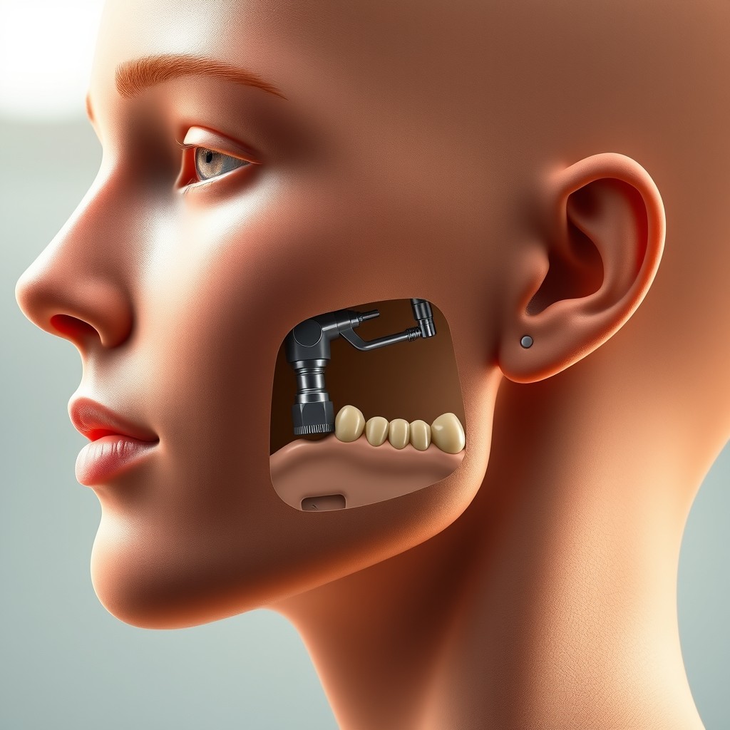 A highly detailed and realistic illustration of a human face designed to showcase a dental articulator