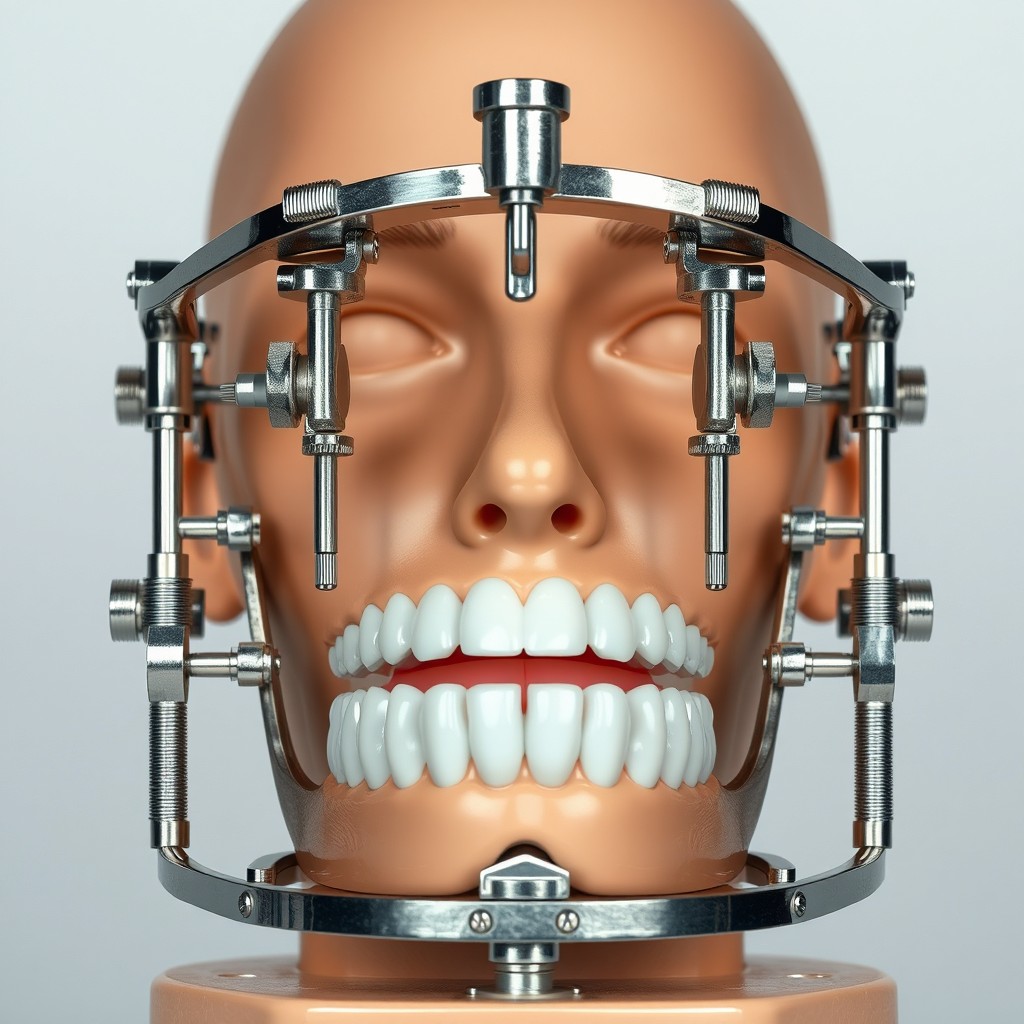 A highly detailed dental articulator model positioned in front of a human face