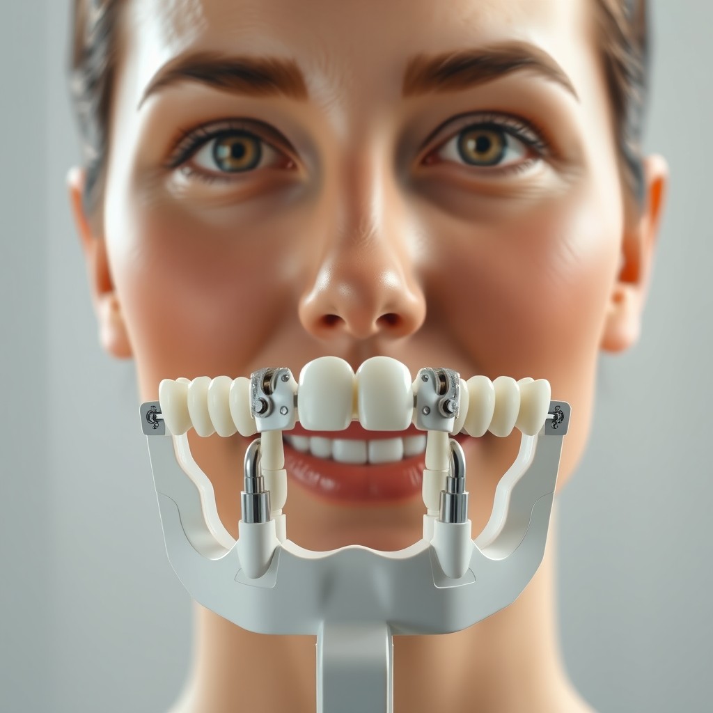 A highly detailed illustration of a dental articulator positioned in front of a realistic human face