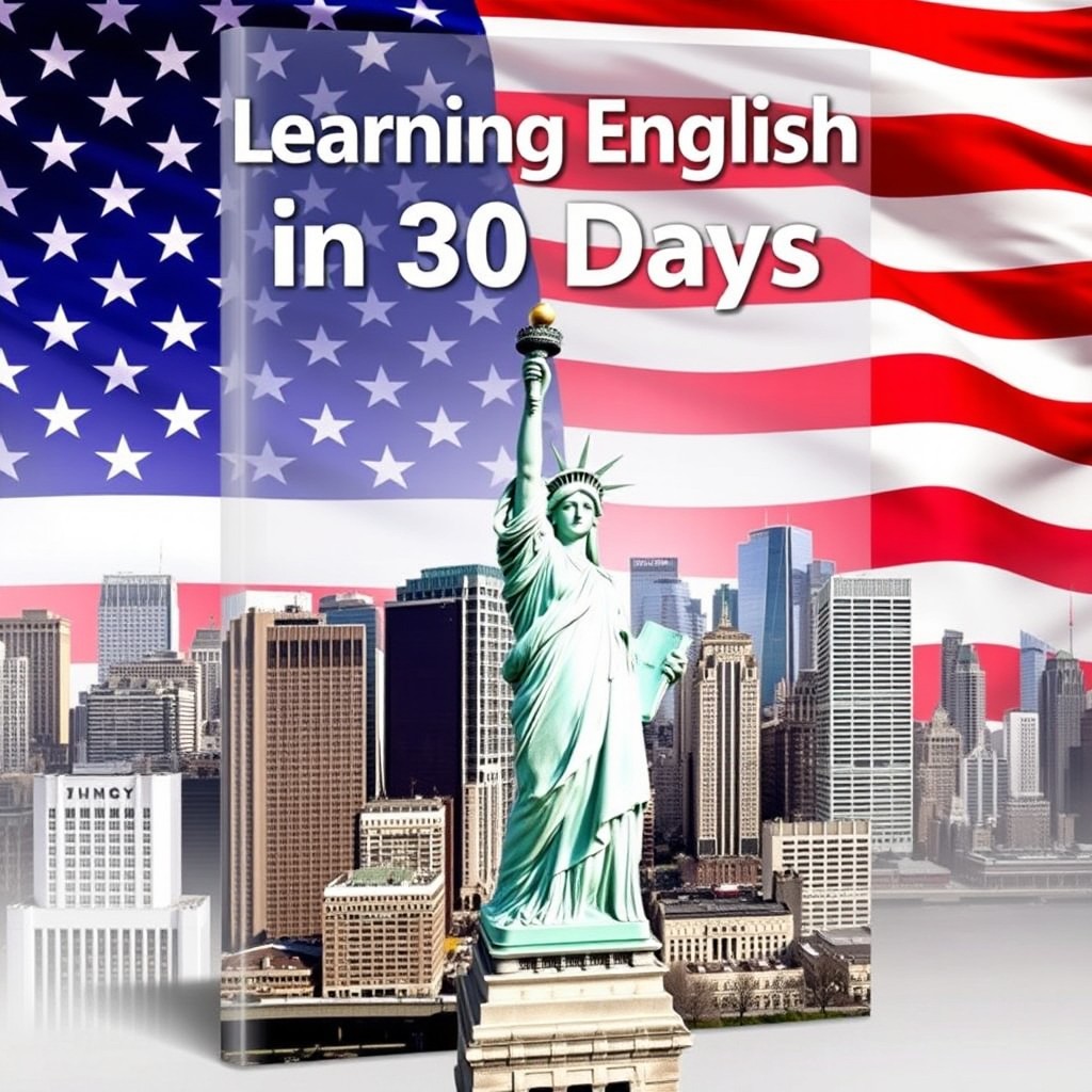 A book cover design for 'Learning English in 30 Days' featuring a prominent American flag in the background