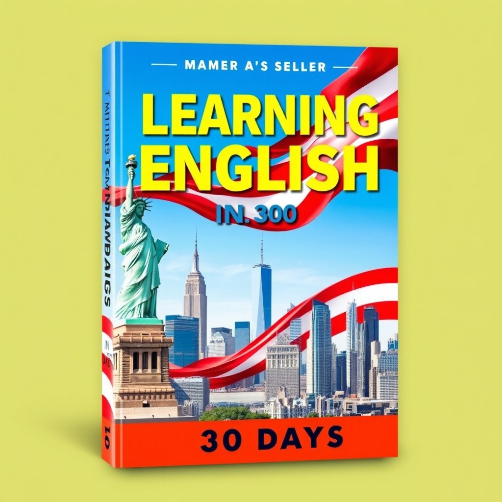 A vibrant and eye-catching book cover design for 'Learning English in 30 Days'