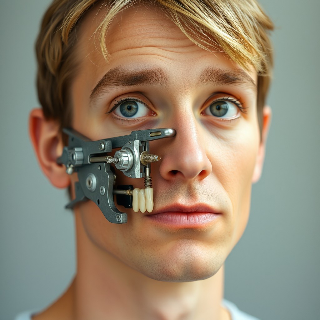 A surreal and intriguing artwork that combines a dental articulator and a human face