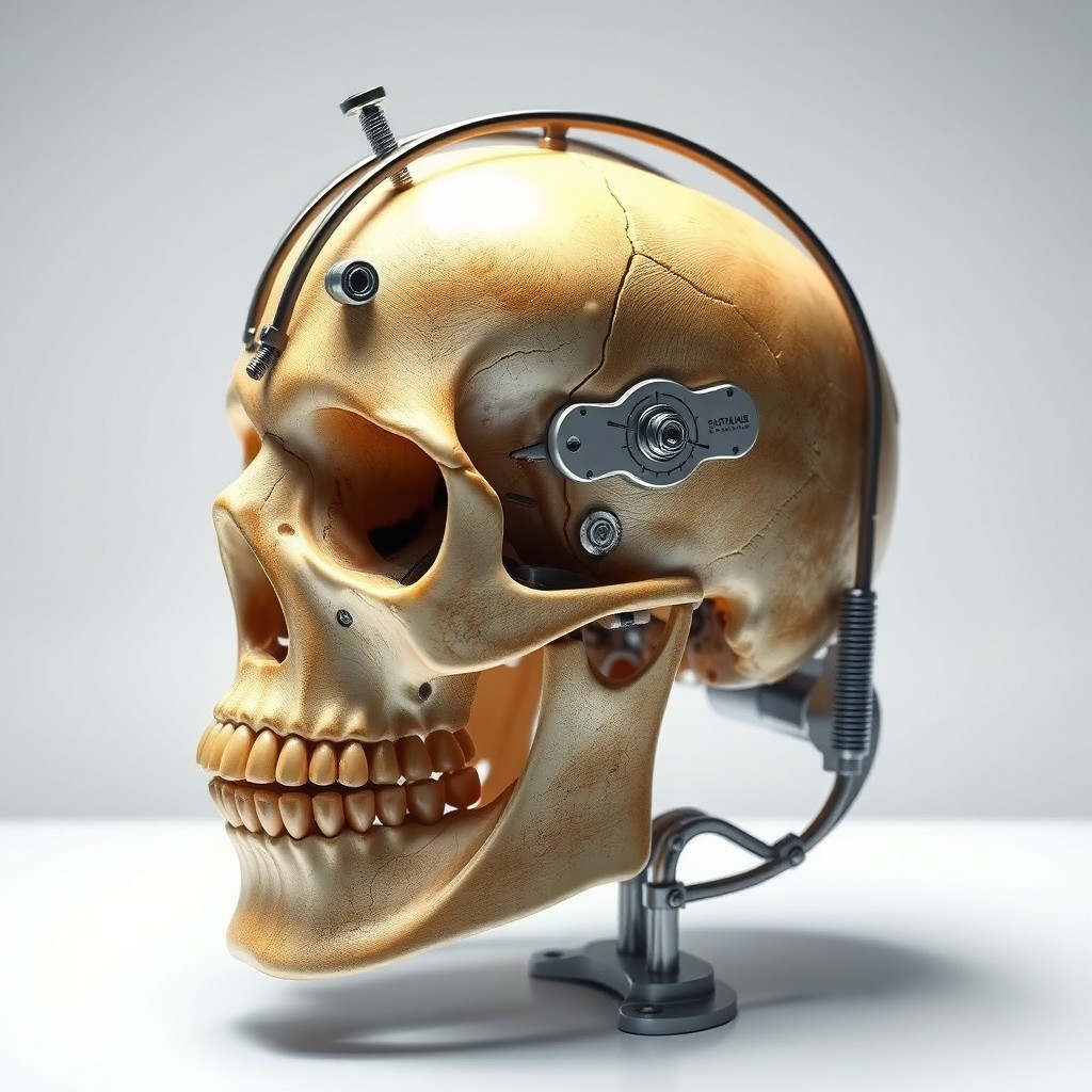A creative combination of a dental articulator and a human skull as a stunning anatomical illustration