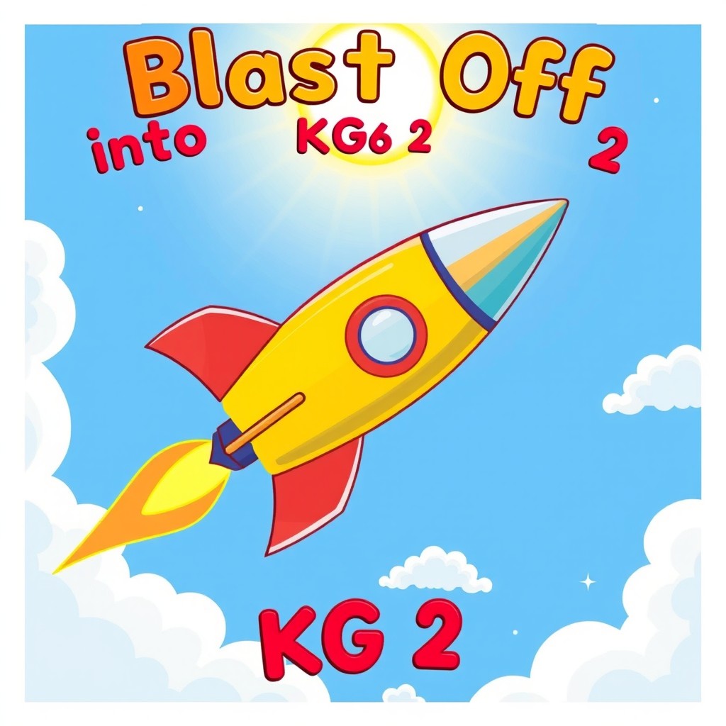 A vibrant and colorful illustration of a rocket ship soaring into the sky, with bright blue and yellow colors, surrounded by fluffy white clouds and a shining sun