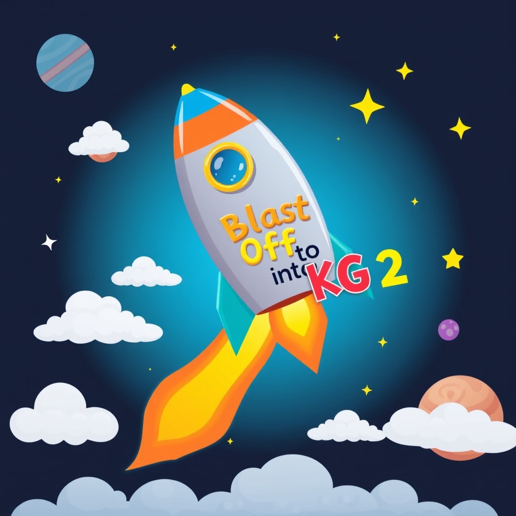 A vibrant and colorful illustration of a rocket ship launching into space, surrounded by fluffy clouds and twinkling stars