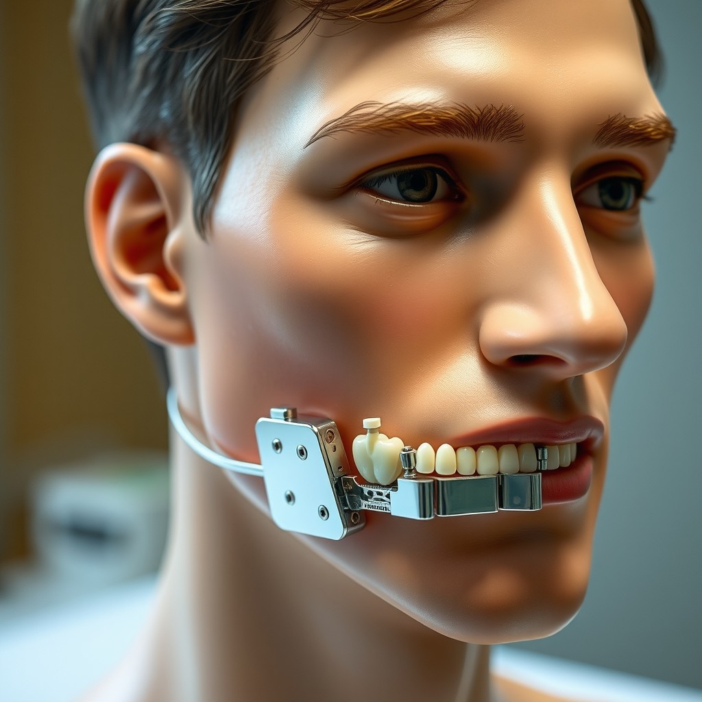 A human face with a dental articulator integrated onto it, showcasing the intricate mechanics of the articulator