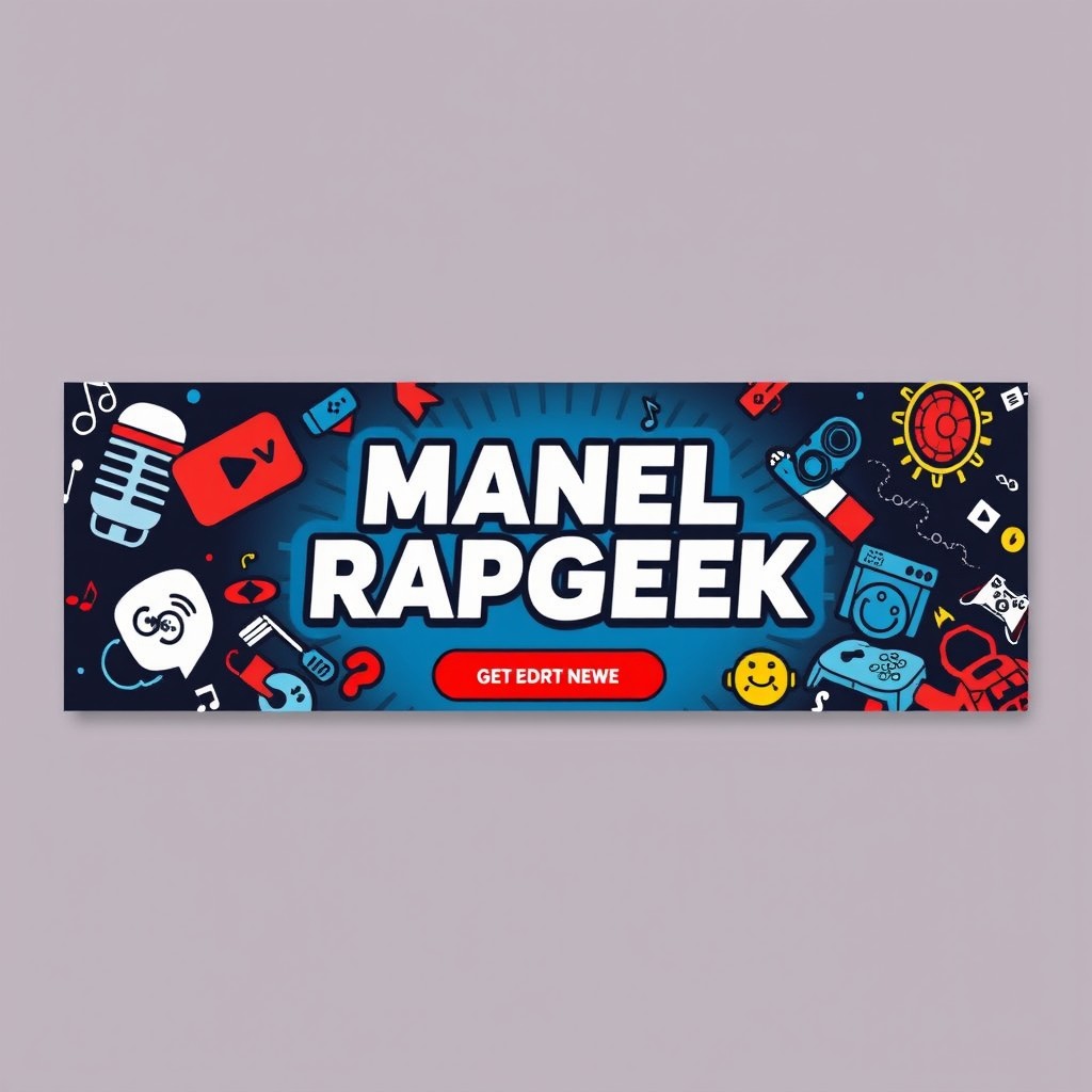 Create an eye-catching banner for the YouTube channel "ManelRapGeek" designed in dimensions of 2048 x 1152 pixels, as well as an additional option of 2536 pixels in width and 666 pixels in height