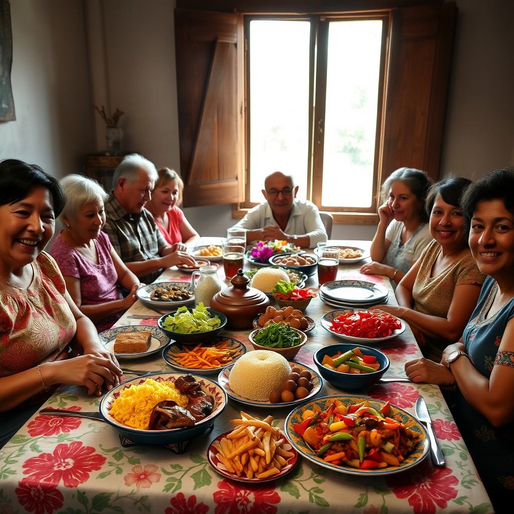 A beautifully arranged table set for a family meal, showcasing traditional dishes from the Southwest of Paraná, Brazil