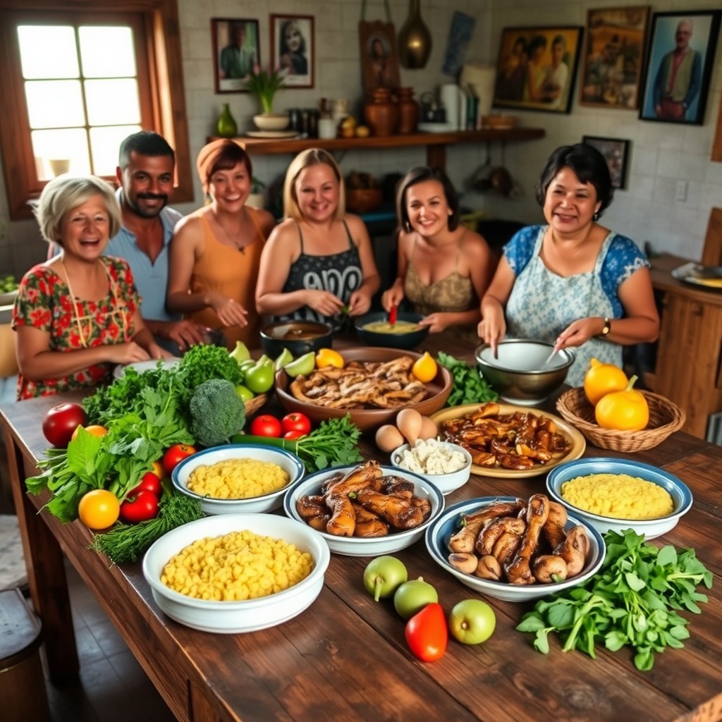 A warm and inviting kitchen scene in the Southwest of Paraná, Brazil, showcasing traditional family recipes passed down through generations