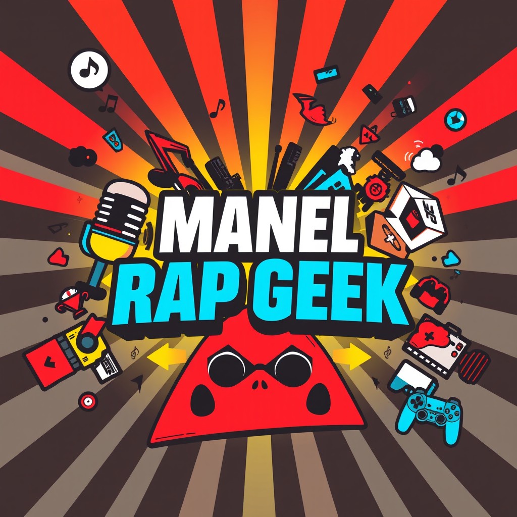 Create a striking banner for the YouTube channel "ManelRapGeek" with dimensions of 2048 pixels in width and 1152 pixels in height