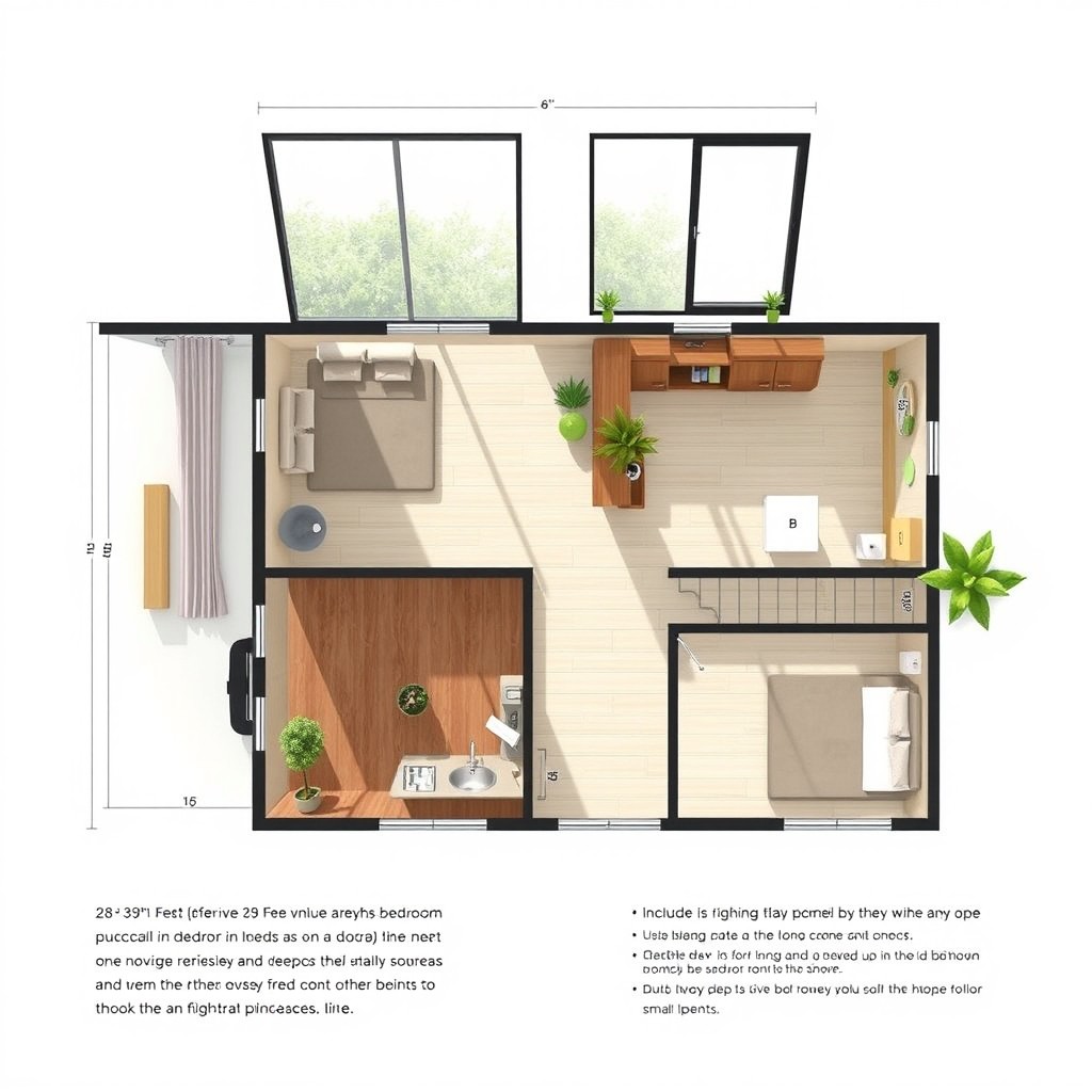 A detailed architectural plan for a 28 by 39 feet open floor layout, showcasing a modern living space