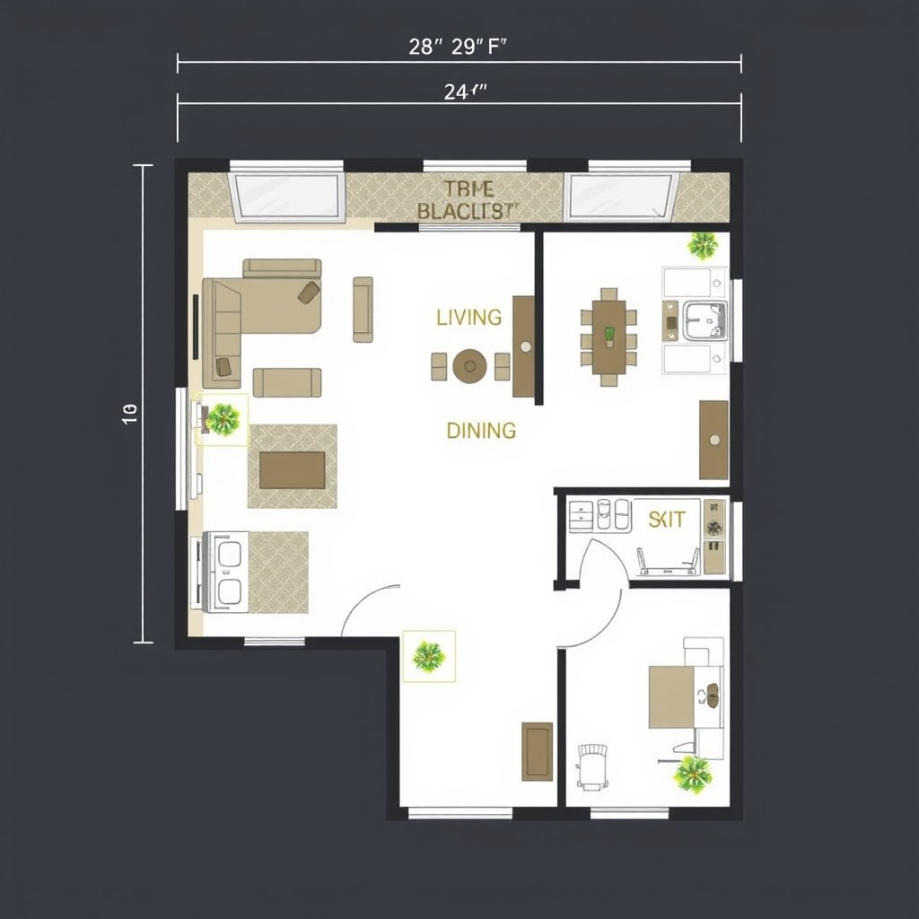 An architectural layout plan for a rectangular space measuring 28 by 39 feet, showcasing efficient use of space with defined areas for living, dining, kitchen, and bathroom