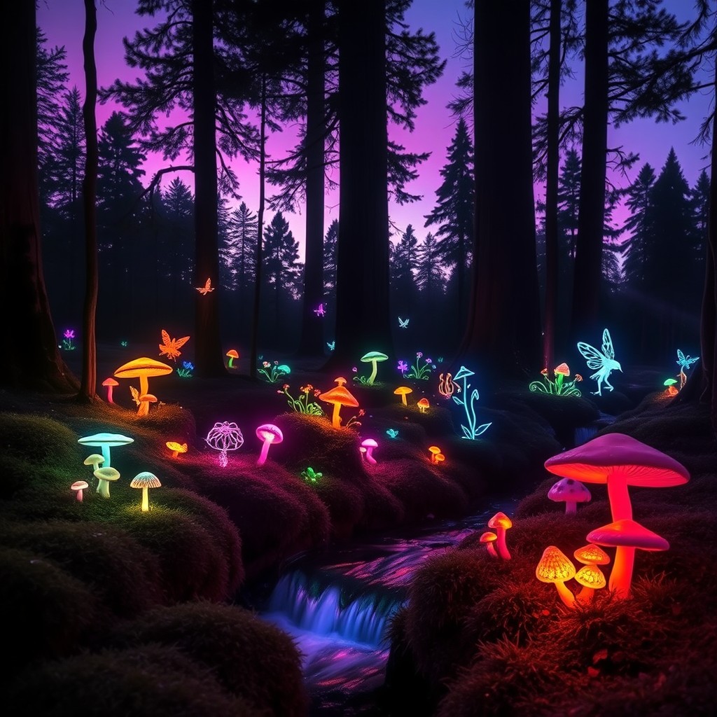 A serene, magical forest at twilight, filled with bioluminescent flora, glowing mushrooms in vibrant colors, and luminous fairy-like creatures fluttering among the trees
