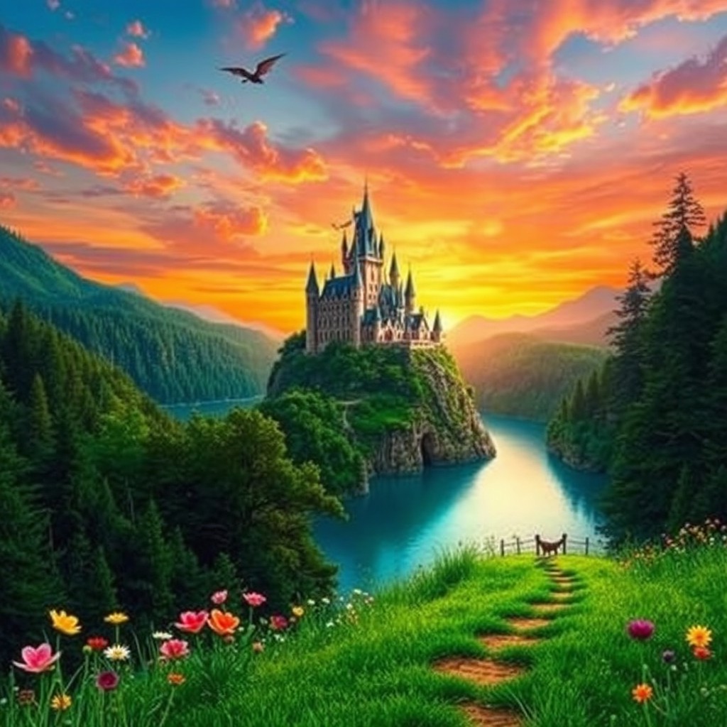 A stunning fantasy landscape featuring a majestic castle on a cliff surrounded by lush green forests and a shimmering lake