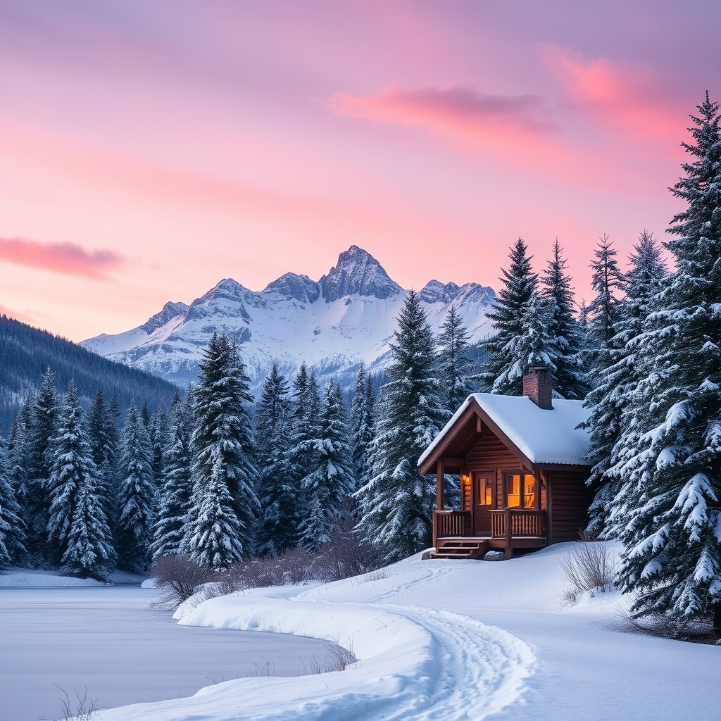 A serene winter landscape, featuring a small wooden cabin nestled among snow-covered pine trees