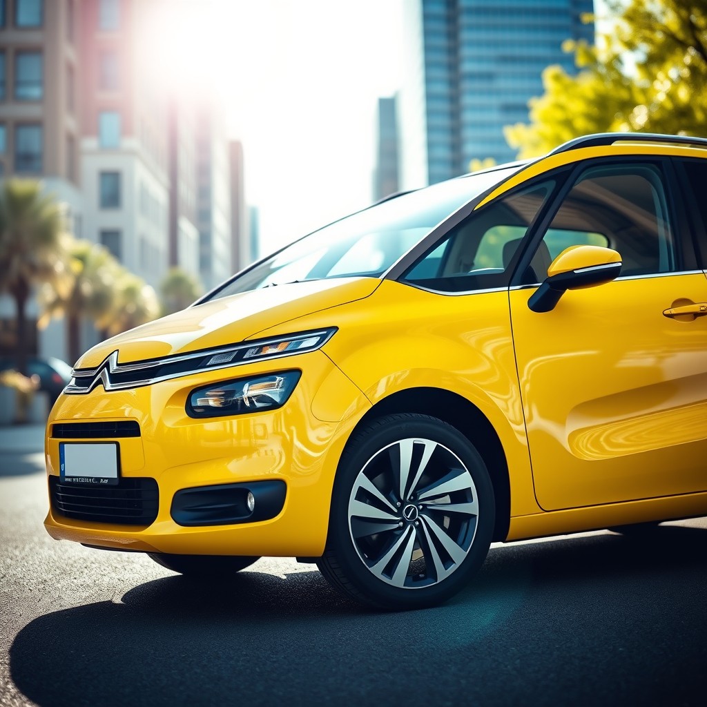 A stunning yellow 2016 Citroën C4 Grand Picasso, captured in a vibrant urban setting