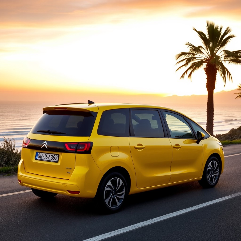 A bright yellow Citroën C4 Grand Picasso from 2016 parked on a scenic coastal road