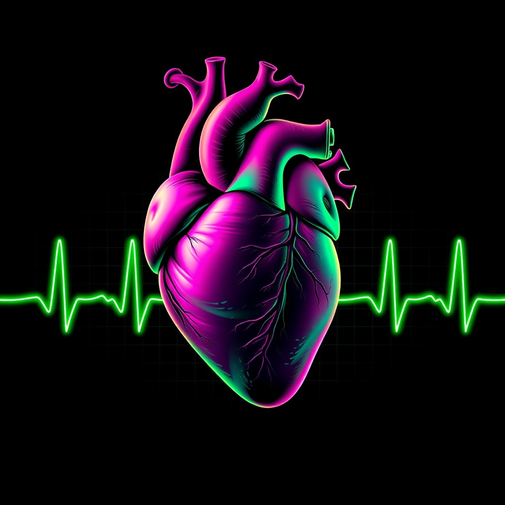 A vivid and striking human heart illustration set against a backdrop of an electrocardiogram trace