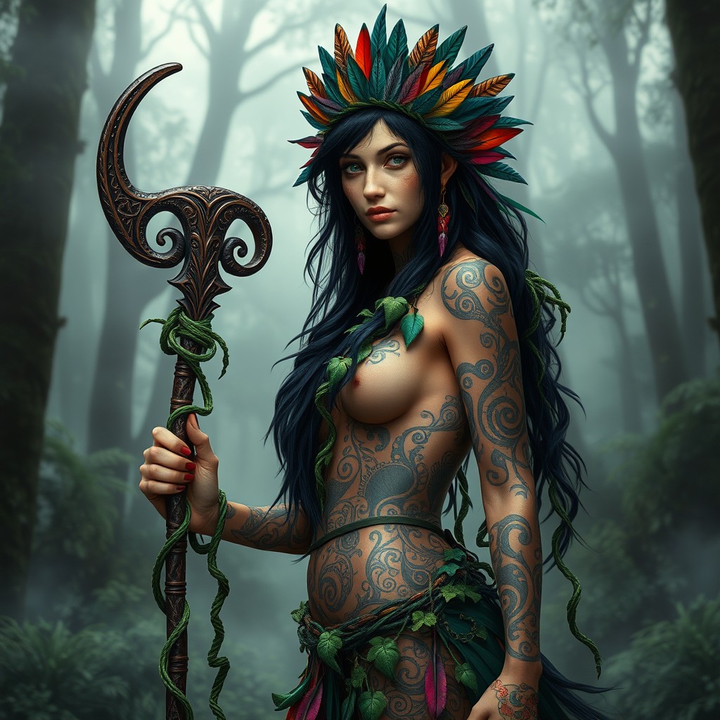 A tattooed Maori-inspired druidess with intricate spiral patterns on her skin, elegantly adorned in colorful woven jungle feathers and lush green vines