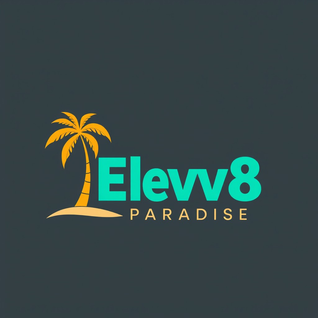 A minimalist logo design featuring a vibrant palm tree, integrated with the text 'Elev8 Paradise'