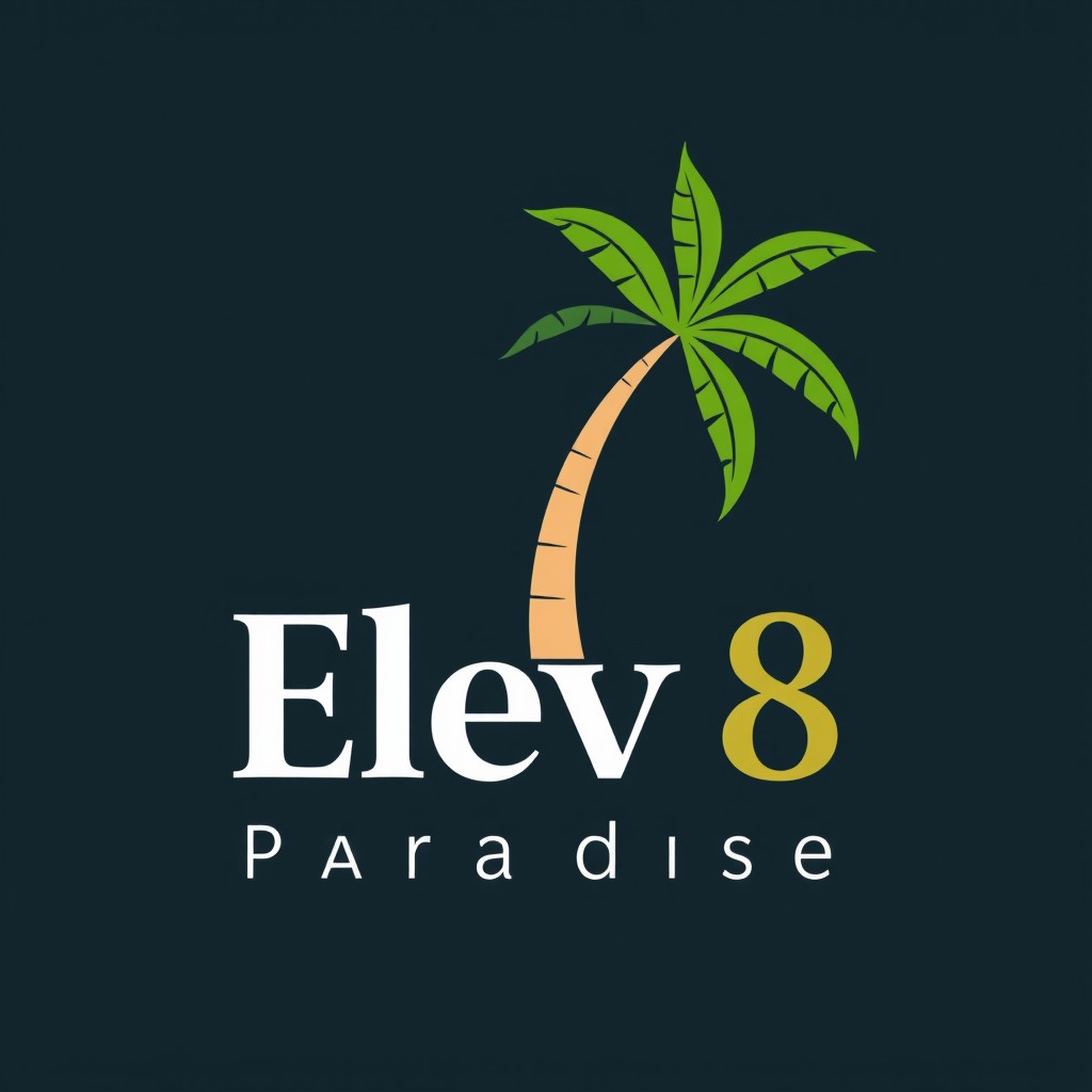 A simple and modern logo design featuring a stylized palm tree incorporated with the text 'Elev8 Paradise'