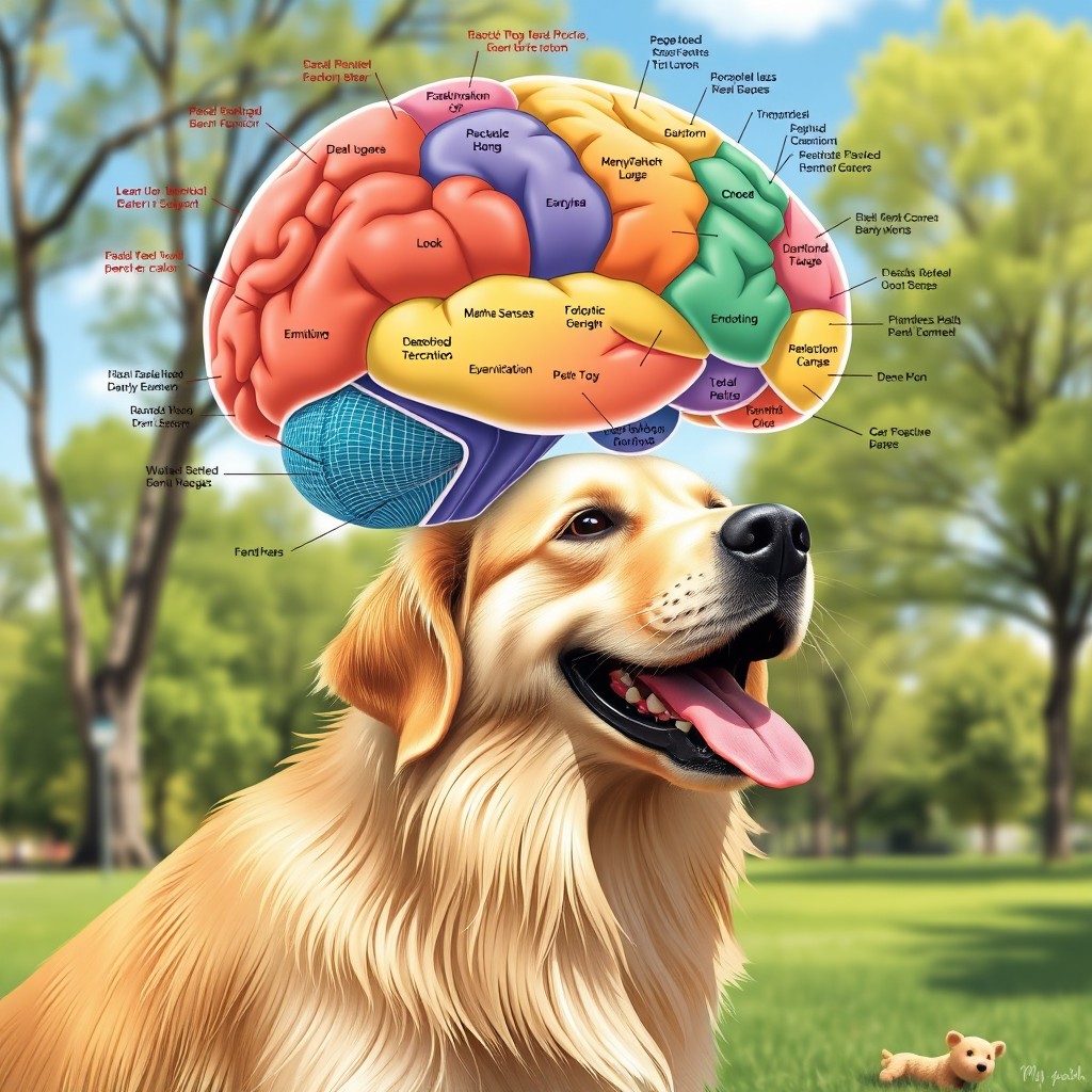A detailed illustration of a dog's brain illustrating its complexity and functionality, with colorful diagrams and labels highlighting areas responsible for various activities such as learning, emotions, and senses