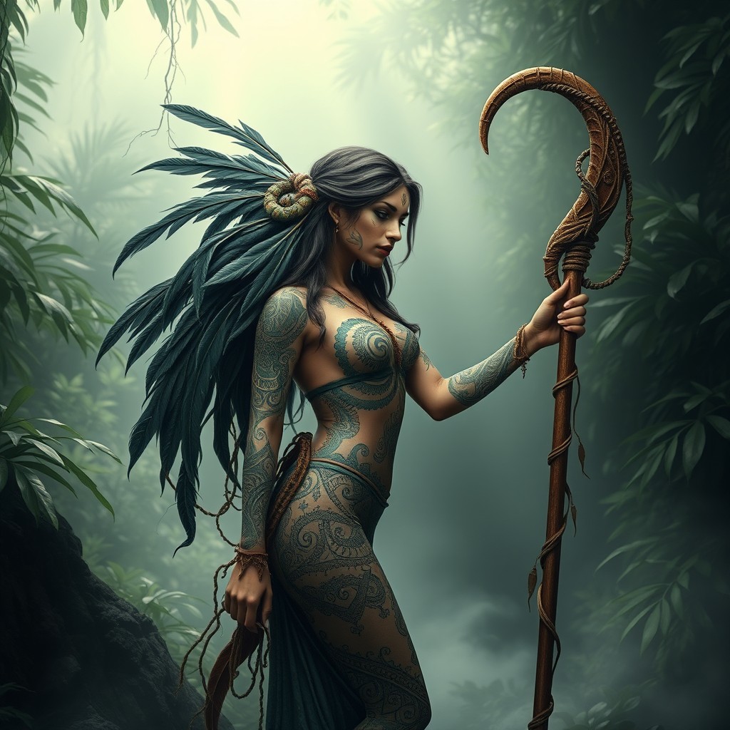 A tattooed Maori-inspired druidess standing gracefully with intricate spiral patterns inked on her skin