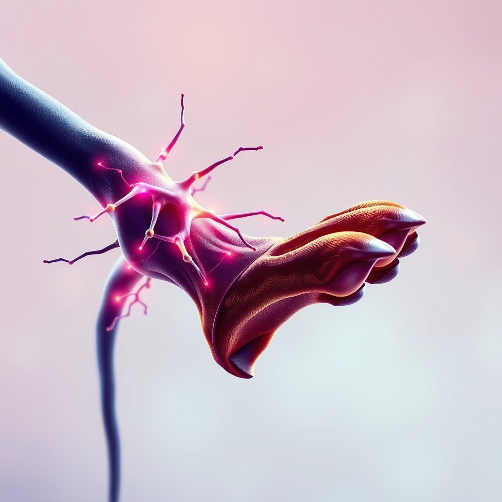 A highly detailed illustration of a neuron connecting with the paw of a Doberman pinscher