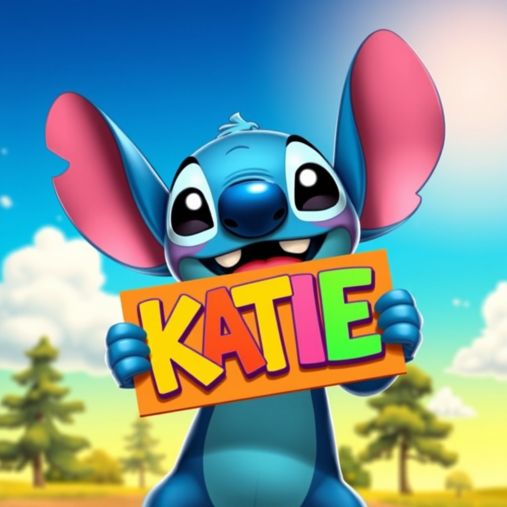 A cute alien character resembling a blue cartoon creature with large ears and expressive eyes, named Stitch, joyfully holding up a bright, colorful sign that says 'KATIE'